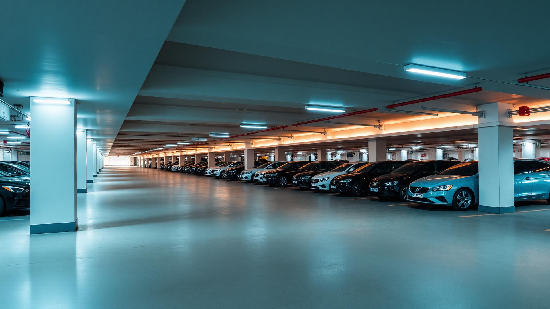 Modern parking garage filled with cars