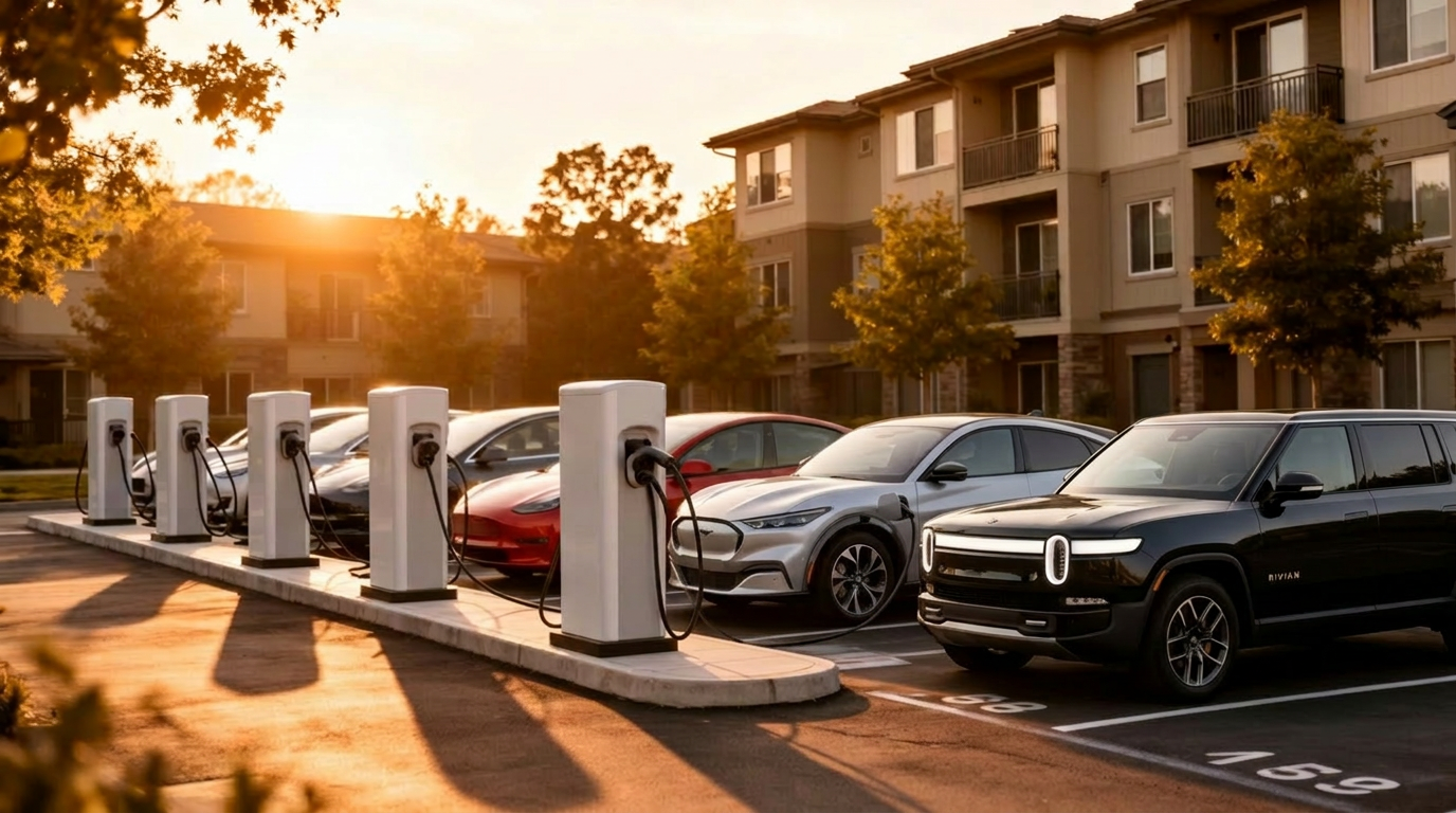 Electric vehicles charging at a modern EV charging station