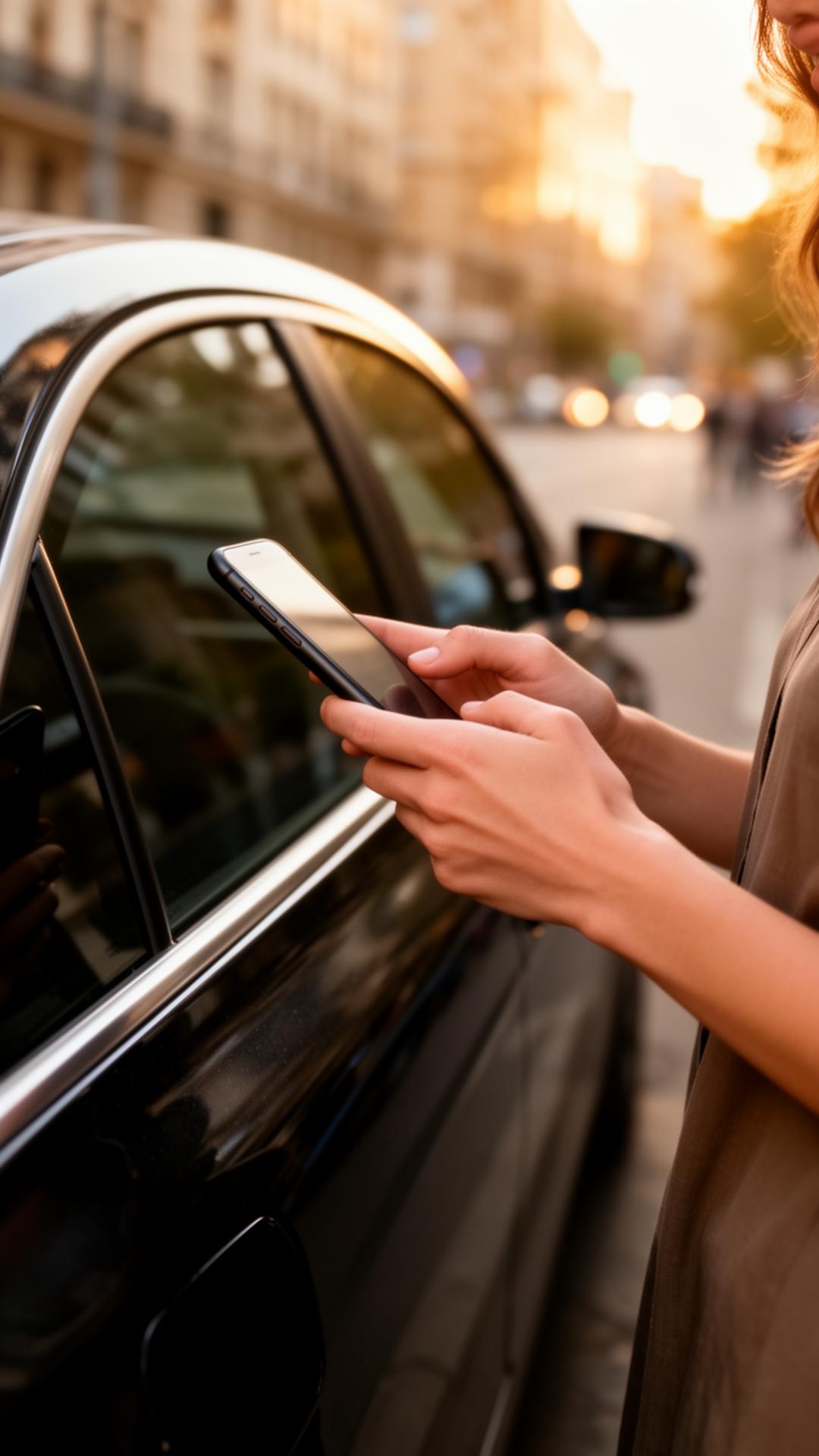 A person holding a smartphone next to a parked car on a city street