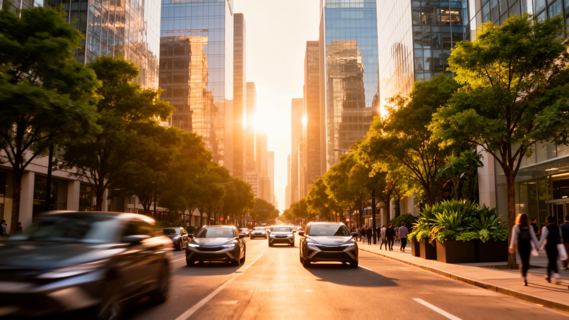 Cars parked along a city street at golden hour